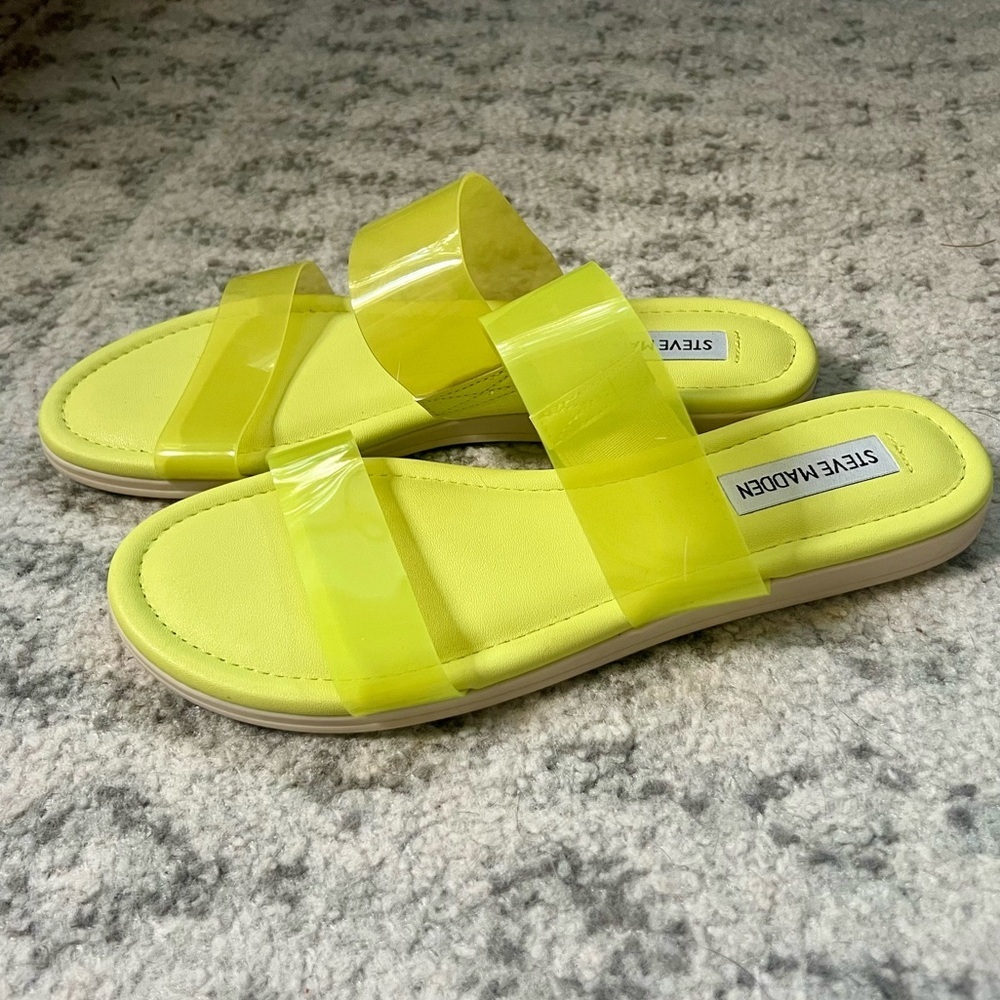 Steve Madden Greer Double Strap Sandals Green Yellow Slides - Picture 3 of 15